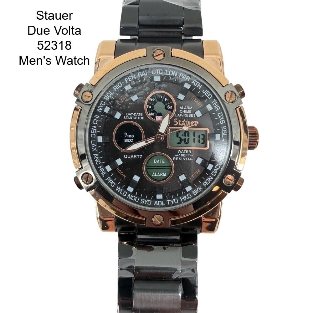 Stauer Due Volta 52318 Mens Watch Rose Gold Black Stainless Steel Analog Digital